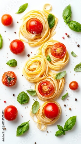 Appetizing still life with pasta, tomatoes, basil and spices on white background. Great for cooking blogs, recipes and food ads.