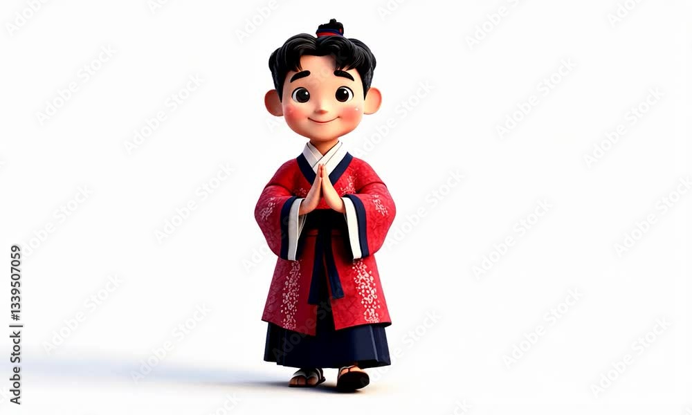 Cheerful young boy in traditional attire, smiling and greeting, against a plain white background Cheerful young boy in traditional attire, smiling and greeting, against a plain white background