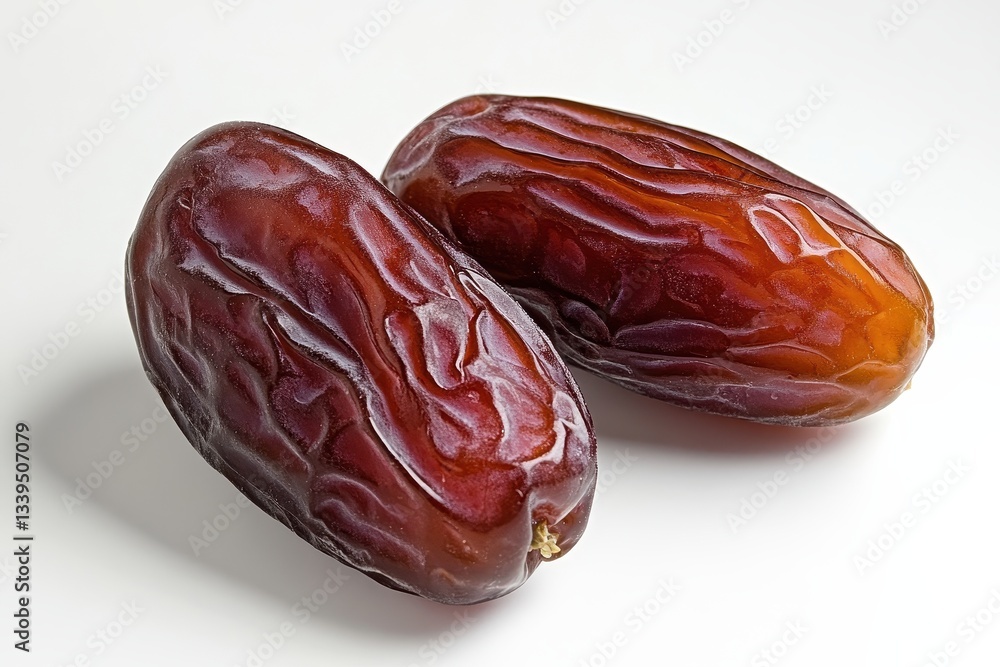 Two brown dates placed on a bright white background Two brown dates placed on a bright white background
