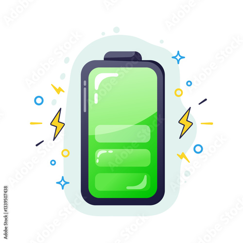 Vibrant vector of a fully charged green battery with lightning and star effects, perfect for tech designs and energy concepts.