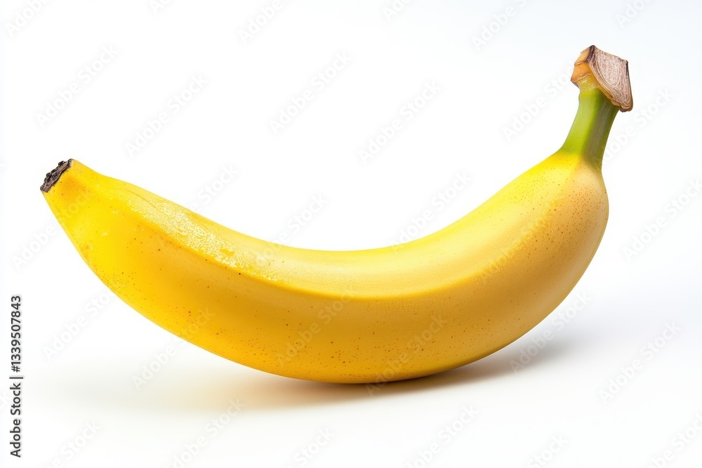 A single ripe banana with a green stem isolated on a white background showcasing its fresh appearance and natural texture A single ripe banana with a green stem isolated on a white background showcasing its fresh appearance and natural texture
