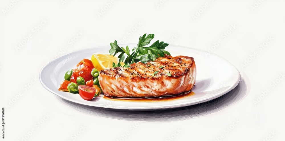 A delicious grilled fish fillet with side of colorful vegetables is shown A delicious grilled fish fillet with side of colorful vegetables is shown
