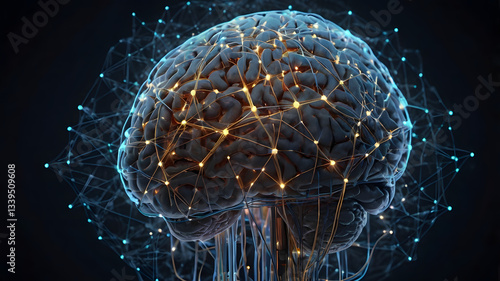 A glowing brain-shaped network made of digital nodes and interconnected lines, symbolizing AI