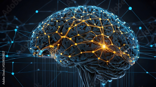 A glowing brain-shaped network made of digital nodes and interconnected lines, symbolizing AI