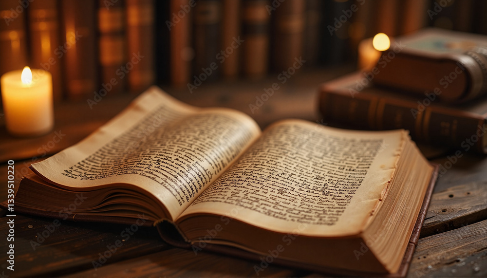 Fototapeta premium Ancient manuscript with calligraphy under candlelight, timeless wisdom, museum day