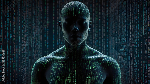 A human silhouette with a matrix of binary code flowing through their body, symbolizing the integration of AI
