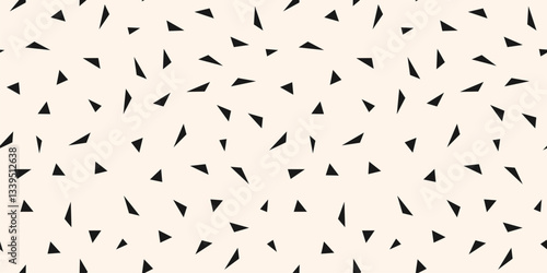 Vector minimalist geometric texture with small chaotic triangles, diamond shapes. Abstract minimal black and white seamless pattern. Simple funky background. Repeated geo design for decor, packaging