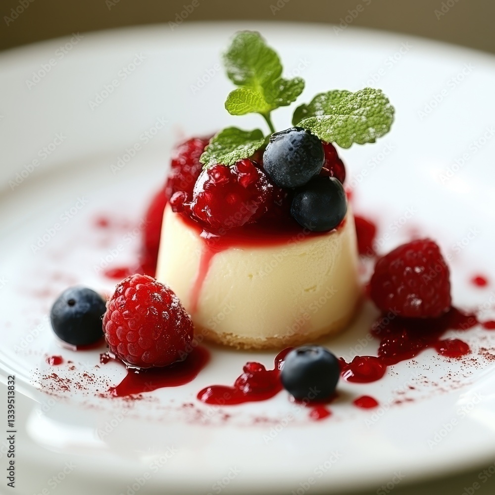 A delicious dessert is topped with berries and mint leaves A delicious dessert is topped with berries and mint leaves