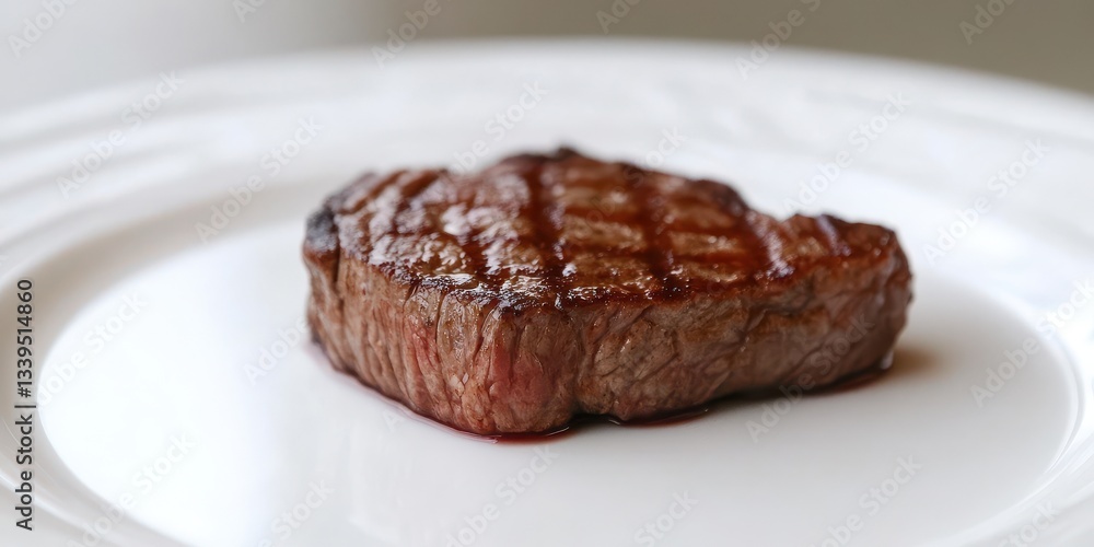 A delicious cooked steak presented on a plain white ceramic plate A delicious cooked steak presented on a plain white ceramic plate