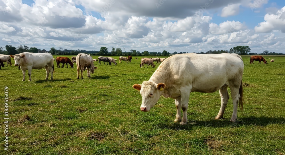 Charolais cattle graze in a green field on a sunny day with blue skies and white clouds. Cow Appreciation Day. Food and milk production. Agriculture concept. Charolais cattle graze in a green field on a sunny day with blue skies and white clouds. Cow Appreciation Day. Food and milk production. Agriculture concept.