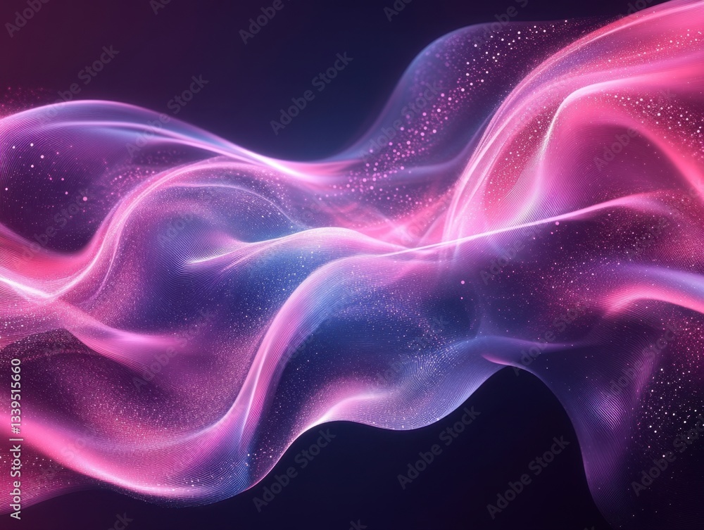 Fototapeta premium Ethereal wave of vibrant pink and blue light flowing gently against a dark backdrop creating a dreamy visual effect