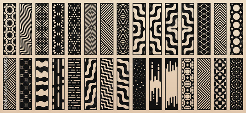 Big vector collection of 30 templates for laser, CNC cut. Modern design with abstract linear geometric patterns, floral ornaments. Stencils for cutting of wood, paper, metal, plywood. Aspect ratio 1:4