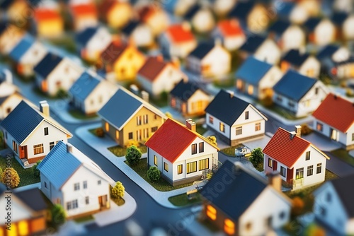 Aerial view of a colorful suburban neighborhood with various styled houses.