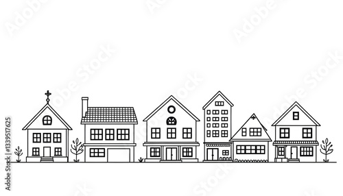 house set. collection of buildings, linear design. Line with editable stroke , with white tonespng