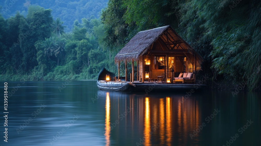 A floating bamboo house on a tranquil river in Thailand, warm lanterns glowing --ar 16:9 --v 6.1 Job ID: eed61c38-cc82-4680-be8a-eac6f73022bb A floating bamboo house on a tranquil river in Thailand, warm lanterns glowing --ar 16:9 --v 6.1 Job ID: eed61c38-cc82-4680-be8a-eac6f73022bb