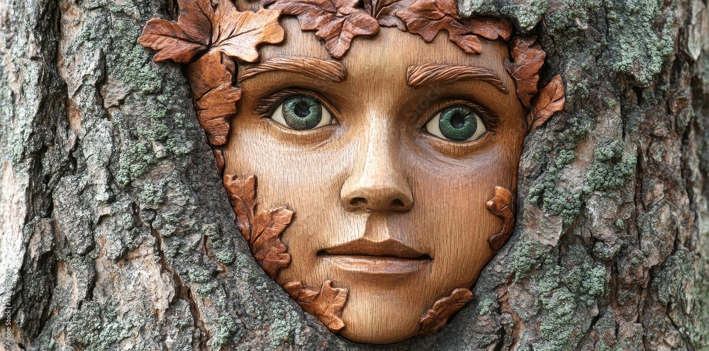 A wooden carving of a human face surrounded by a tree A wooden carving of a human face surrounded by a tree