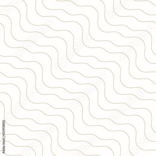 Abstract golden minimal seamless pattern with diagonal wavy lines, thin stripes, liquid fluid shaped, waves. Gold and white linear background. Simple outline texture. Subtle minimalist luxury design