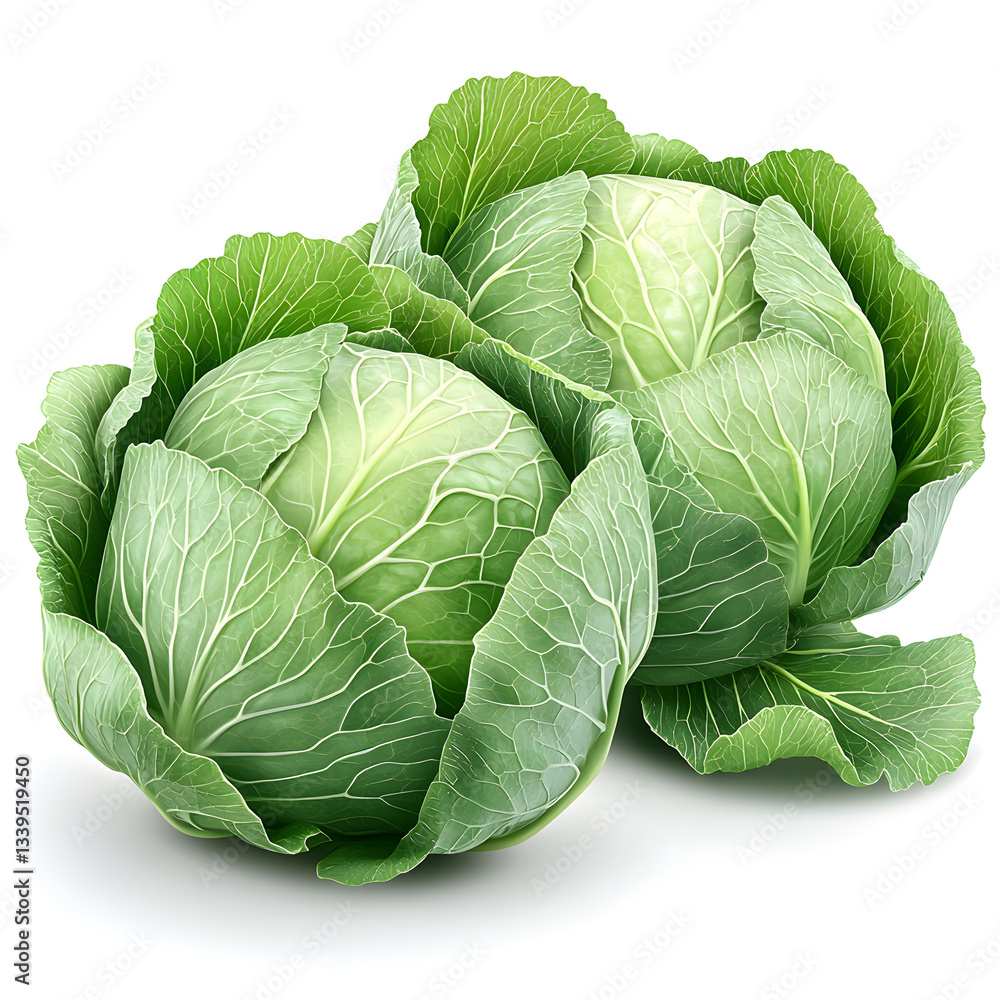 Obraz premium Two fresh green cabbages resting on white background