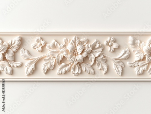 A detailed floral relief  featuring intricate leaves and flowers, elegantly crafted on a light-colored surface.