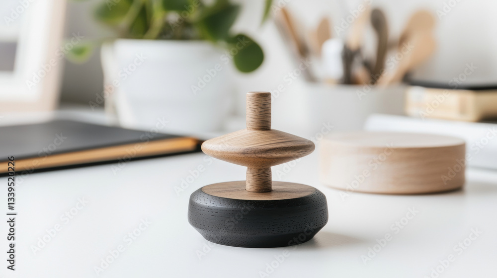 wooden toy top on desk, evoking childhood playtime and interaction wooden toy top on desk, evoking childhood playtime and interaction