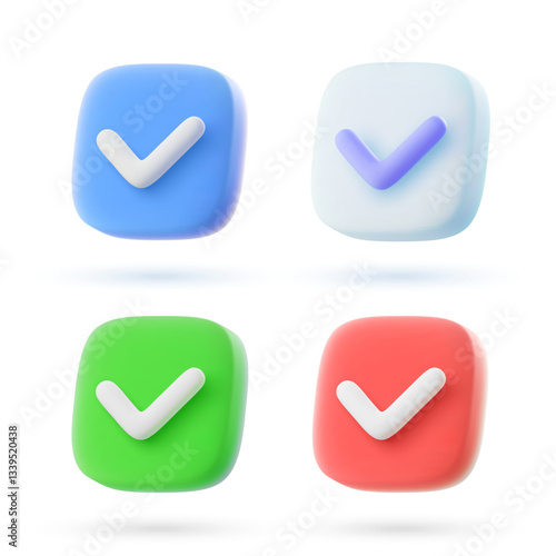 Set of 3d vector check mark icons in cartoon minimal style.