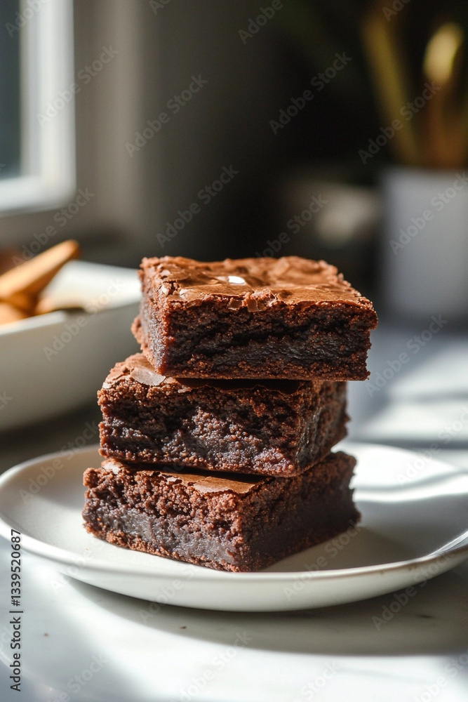 A stack of fudgy chocolate brownies on a plate in soft natural light A stack of fudgy chocolate brownies on a plate in soft natural light