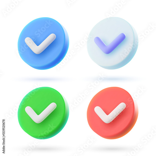 Set of 3d vector check mark icons in cartoon minimal style.