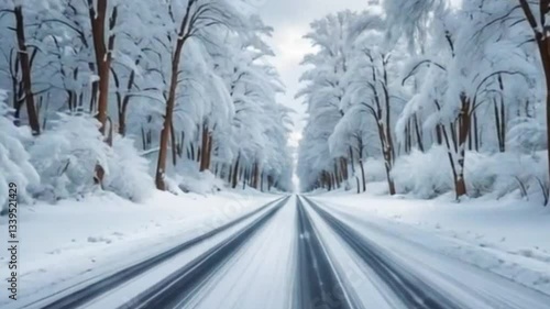 A Winter Road Through Snowy Woods.