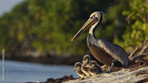 Pelican Family Resting on Sandy Beach with Lush Greenery at Dusk
