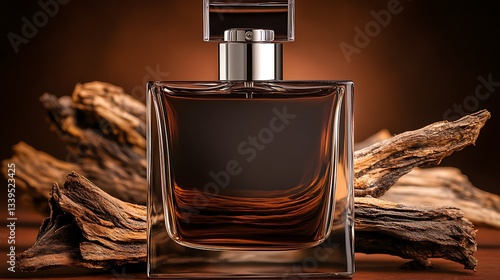 Perfume bottle with wood scent background use advert