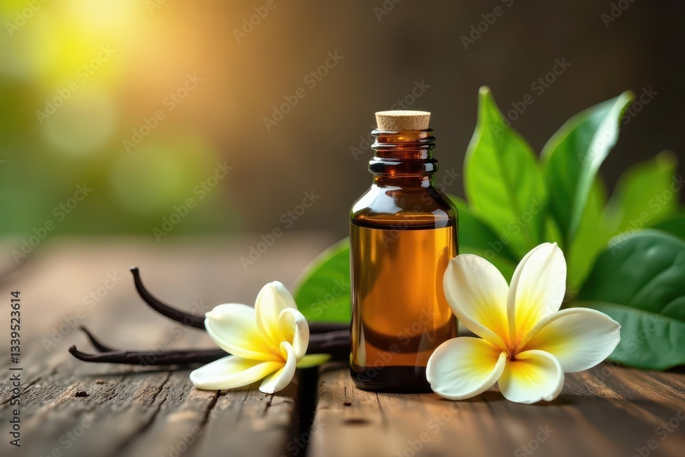 Jasmine and vanilla oil in glass bottles on wooden surface, surface, still life Jasmine and vanilla oil in glass bottles on wooden surface, surface, still life