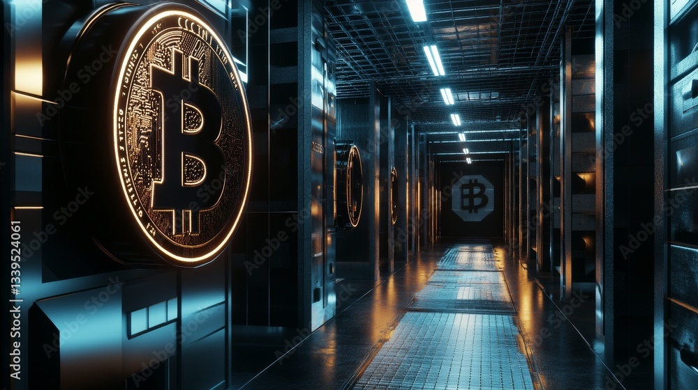 Fototapeta premium Digital vault with bitcoin symbols, epresenting advanced financial technology and Bitcoin mining facility