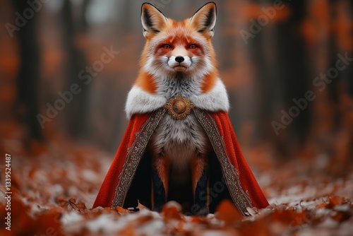 Elegant fox in kingâ€™s cape, standing in forest kingdom, minimalist regal authority