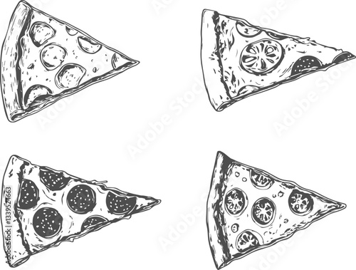 Set illustrations of pizza slice isolated on transparent background. Top view. Vector graphics