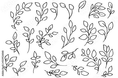 手書きの木の葉や草のボタニカル線画のイラスト　ベクター