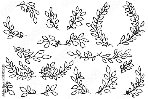 手書きの木の葉や草のボタニカル線画のイラスト　ベクター