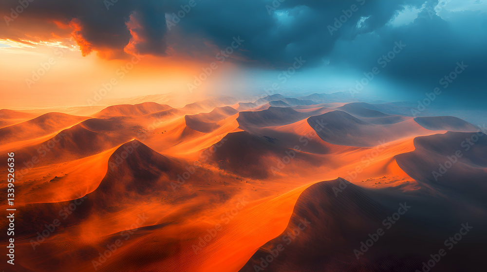 A dramatic view of a sandstorm sweeping across the rolling dunes of the Rub al Khali desert, with muted colors creating a mystical atmosphere A dramatic view of a sandstorm sweeping across the rolling dunes of the Rub al Khali desert, with muted colors creating a mystical atmosphere