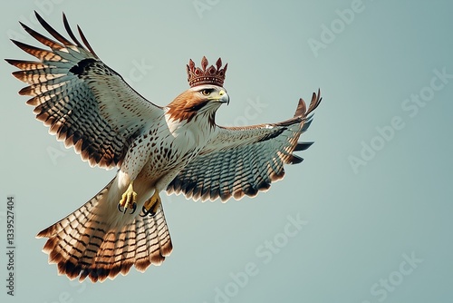 Bold hawk in crown and cloak, flying over kingdom, minimalist royal representation