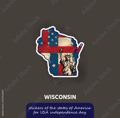 Show your Wisconsin pride with this vintage-style sticker featuring the state's outline, the American flag, and the iconic Statue of Liberty!
