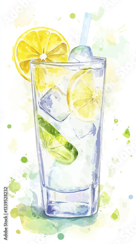 Refreshing Lemonade in Glass with Ice Cubes Watercolor Style Vector Art