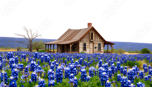 An old rustic house sits nestled in a field of bluebonnets in Marble Falls, Texas , with white tonespng