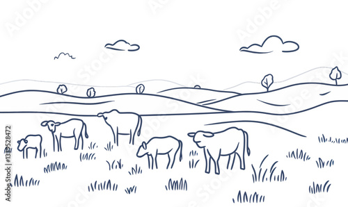 Continuous Line Drawing of Cows Grazing in Pasture - Farm and Agriculture Concept