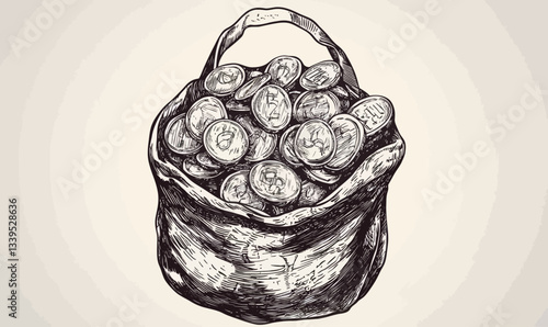Vintage Money Bag Full of Coins Hand Drawn Ink Sketch in Engraving Style