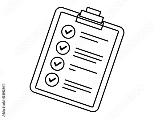 Hand drawn cute outline illustration clipboard with note. Flat vector check list sticker line art doodle. Successful plan. Completed todo list icon. Check mark in box. Productivity concept. Isolated.