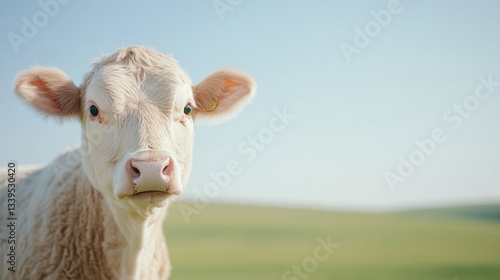 capture close-up of farm animal against clear sky with green fields softly fading in background and ample copy space photo