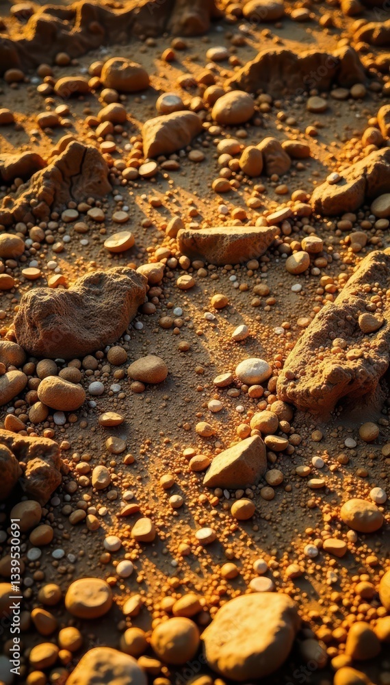 Fototapeta premium Brown dirt, small stones, patchy ground, dry surface , stone, natural, cracked