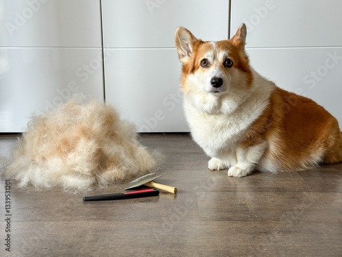 Corgi dog sitting next to a pile of shed fur with grooming tools