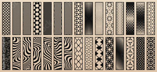 Trendy vector collection of 30 templates for laser cut. Modern design with abstract geometric patterns, floral ornaments. Stencils for CNC cutting of wood, paper, metal, plastic. Aspect ratio 1:4