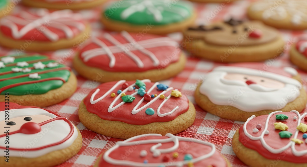 Fototapeta premium Decorated Holiday Cookies on Red Checkered Tablecloth Festive Treat