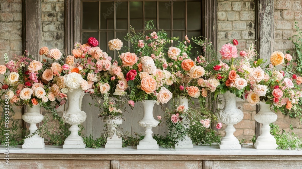 Fototapeta premium Elegant peach and pink roses in ornate urns. Perfect for wedding, romance, or floral design themes.